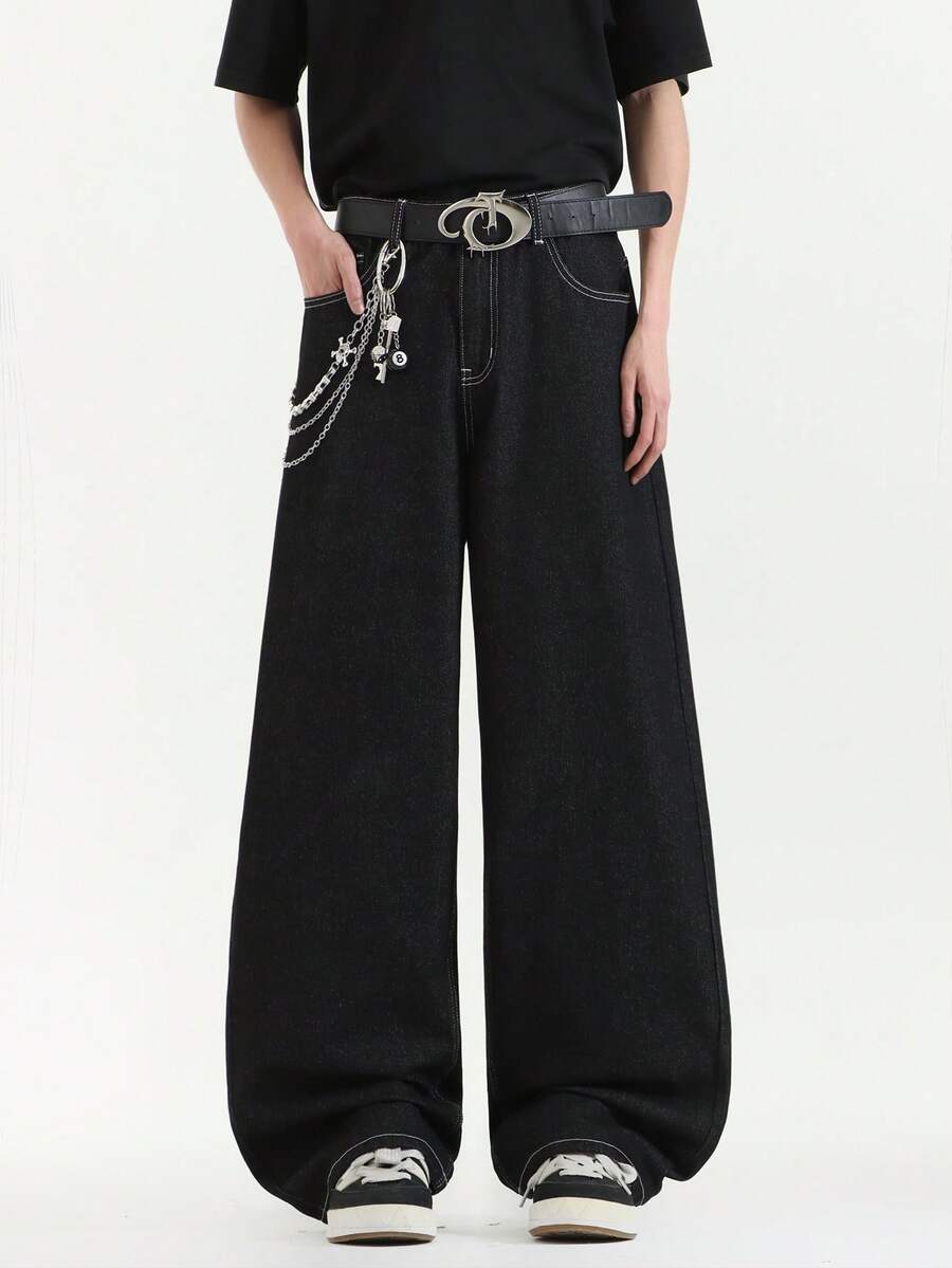 1pc Commuter Versatile Washed Casual Loose Wide Leg Jeans, Retro American Style For Men - Black - View 1
