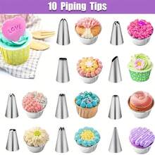 Set de 40 piezas para decorar pasteles - Herramientas de hornear en casa - Material de acero inoxidable - 10 boquillas para tubos de repostería - 3 lazos de silicona morados - 2 acopladores pequeños morados - 3 espátulas para glasear moradas - 1 bolsa de manga pastelera morada de 12" de TPU - 1 cepillo de limpieza con forma de paraguas - 20 bolsas desechables para repostería - muchos - Ver 3