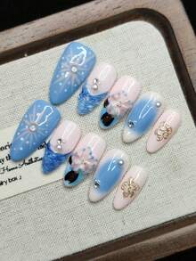 手工美甲贴片，手绘涂鸦，波点，3D立体花卉雕刻，时尚高端，可重复使用，女士手工美甲贴片 - 彩色 - 查看 3