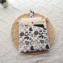 1pc Cute Cat Canvas Backpack, Washable, Canvas Material, With Front Tool Pouch, Ideal For Book Lovers, Multifunctional Tool Bag - Single Piece - View 1