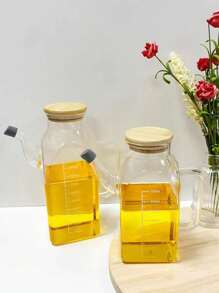1pc Glass Oil Bottle, Large Capacity Kitchen Oil Vinegar Container With Spout, Leakproof, Measurement Scale