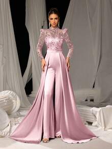 Faeriesty Bộ jumpsuit satin thanh lịch, được tô điểm bằng họa tiết thêu sequin lấp lánh, dáng dài chạm sàn | Đầm dạ hội sang trọng, phù hợp cho các dịp trang trọng, tiệc tùng, đám cưới. - Bụi hồng - Xem 5