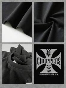 Playera de verano para hombre, con estampado de letras y logotipo, cuello redondo, manga corta, 100 % algodón, 220 g, algodón grueso, cómoda - Negro - Ver 4