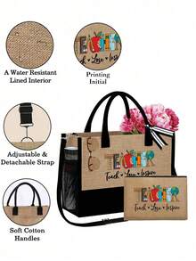 黄麻/帆布手提袋配化妆包，教师字母花卉图案，书籍，苹果和地球图案，可重复使用的购物手提袋和化妆包，带肩带的手提袋和化妆包，带侧袋的个性化礼品袋