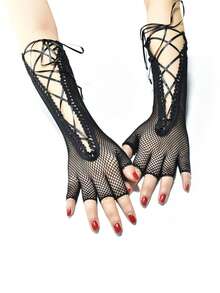 1 Pair Black Long Fingerless Fishnet Gloves With Strap, Retro Chic For 12-16 Years Old, Punk Sexy Hollow Net Gloves For Party - one-size - View 5