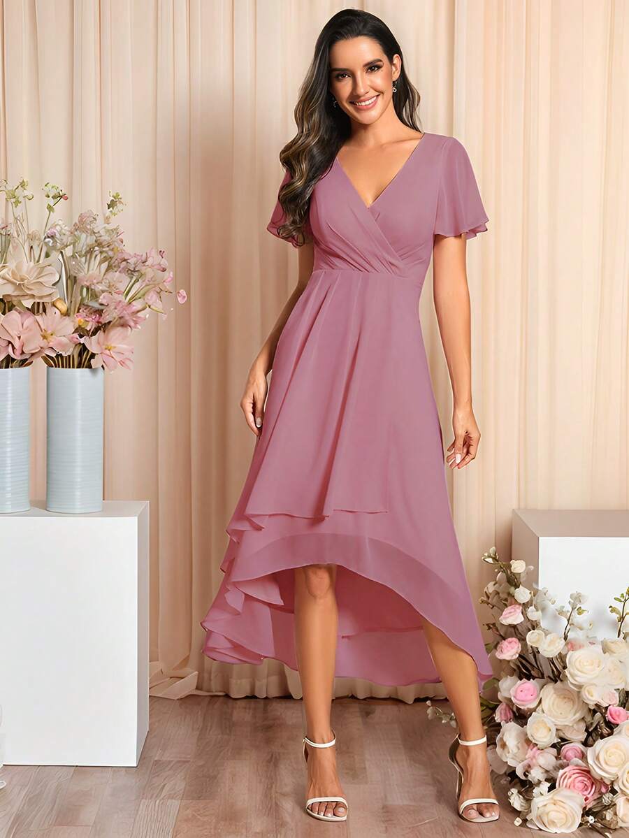 EVERPRETTY Đầm phù dâu/đầm dự tiệc cưới dáng chữ A dài ngang gối bằng chiffon màu hồng nhạt, phối màu tương phản, với đường viền xếp ly thanh lịch, thích hợp cho mùa thu.