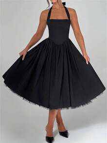 Women Solid Color Tutu Dress Elegant Tie-Up Halter Neck Sleeveless Open Back Cross A-Line Midi Tank Dress - màu đen - Xem 2