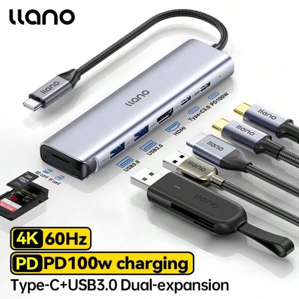 Hub USB-C 7 em 1 Llano - 2.0 4K/60Hz, PD 100W, USB-A 5Gbps, Porta de Dados USB-C, Leitor de Cartão SD/TF para Laptop