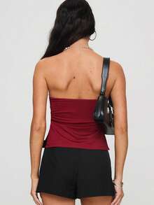 Women's Solid Color Tube Tops Sleeveless Strapless Metal Ring Side Split Bandeau Tops Casual Shirts - Burgundy - View 5