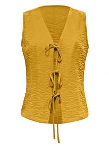 Ensemble décontracté pour femmes en 2 pièces, top sans manches avec nœud devant et pantalon large. Ensemble assorti léger et confortable pour le printemps/été et les vacances - Jaune citron - Voir 4