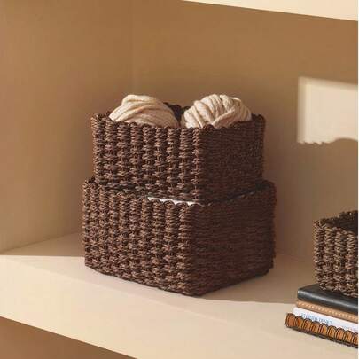 3pcs(S+M+L)/Set Handmade Woven Storage Baskets, Paper Rope Material Organizer Baskets For Living Room, Bedroom, Cabinet, Office, Home Decor, Farmhouse Decor, Holiday Gift Storage, Reusable Storage Bins For Stationery, Clothes, Toys, Cosmetics, Desk Organizer, Ideal Gift Basket