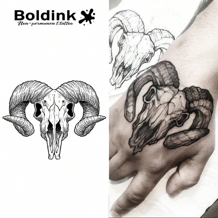 Boldink Animal Pattern Temporary Tattoo Set | Skull Goat Totem Design | Unisex Arm/Chest Tattoo | Waterproof, Long-Lasting 14 Days | Matte Realistic Tattoo | Perfect For Gym, Party & Attention-Grabbing - Black - View 1