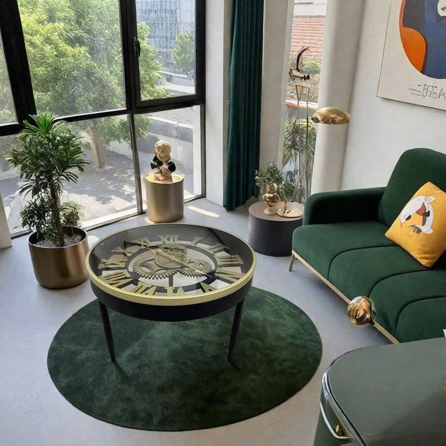 Vintage Clock High-End Table, 3C Tempered Glass Tabletop, Clock Is Rotatable! Creative Artistic Vintage Clock High-End Living Room Coffee Table, Luxury Creative Side Table, High-End Clock Art Coffee Table, Home Living Room Decorative Table, Clock Hands Are Rotatable