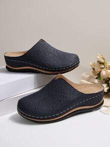 1 Pair Fashionable & Comfortable Slip-On Mule Closed Toe Sandals, Versatile For Spring, Autumn, Summer Wear, Black, Beige Women Wedge & Platform Shoes - Blue - View 2