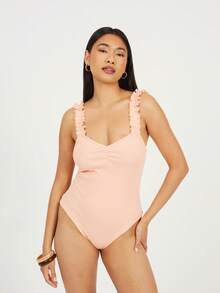 brave soul Lettuce Hem Strap Bodysuit - Quả đào - Xem 5