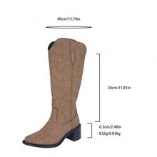 1 Pair Women Elegant Slip-On Knee-High Classic Western Boots, Brown, Black And White, Vintage Stylish Cowgirl Boots, Autumn/Winter - Brown - View 8