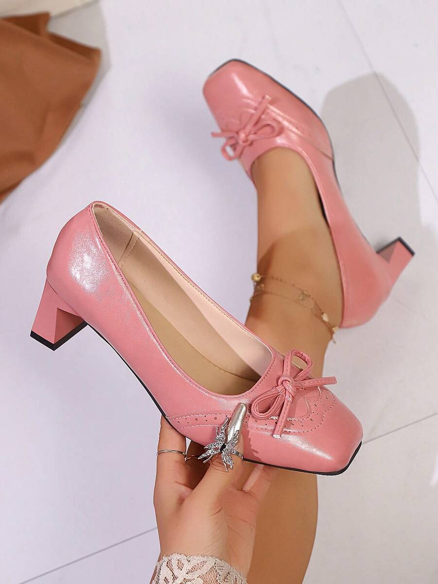 女士时尚方头简约蝴蝶结拼接软底高跟鞋