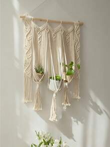 Macrame Plant Hanger Macrame Wall Hanging Woven Tapestry Window Curtain Valance Boho Bedroom Decor Wedding Backdrop Rope Triple Planter - White - View 8