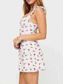 Ditsy Floral Cute Girl's Adjustable Ruffle Strap Side Invisible Zipper Criss-Cross Back Tie Mini Dress, Pink Flower, Suitable For Spring/Summer Vacation