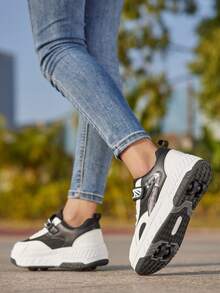 可拆卸轮子的户外运动鞋，男女款时尚轮滑鞋，休闲滑板风格 - 白黑 - 查看 4