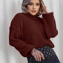 Women's Cold Weather Blouse Turtleneck Knitted Sweater - Coffee Brown - View 1