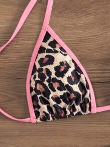 Women's Halter Neck Backless Leopard Print Patchwork Bikini Top And Bottom Casual Suit Summer