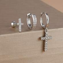 3PCS 18K Gold Plated Cross Stud Earrings Set For Women's Wedding Jewelry Zirconia Hoop Stainless Steel Accessories Party Gift