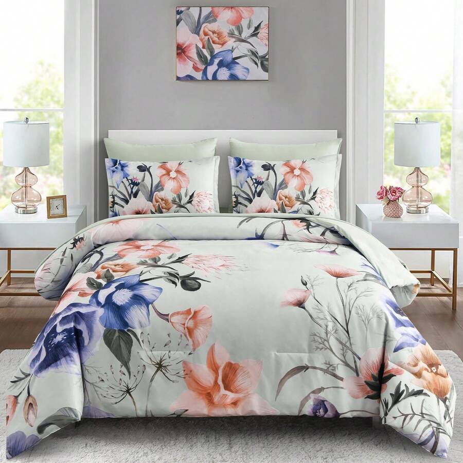 7 Pieces Purple Floral Comforter Sets Full Queen King Bed In A Bag,Elegant Flower Comforter With Sheet Set, Soft Microfiber Bedding Set For Wedding Items,Valentines Day Home Bed Room Decor,Mothers Day Gift,All Season - Misty Green - 查看 1