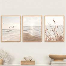 1pc/3pcs Beach On Seagull Beach Scenery Beige Grass White Sand Beach Coast Canvas Wall Art Prints And Posters Modern Paintings Wall Art Decor For Home Decor Living Room Bedroom Office Dining Room Dormitory Backdrop Decor Wall Design Framed/Unframed Coastal Decor Coastal Decor Beach Decor ,Wall Art With Frame