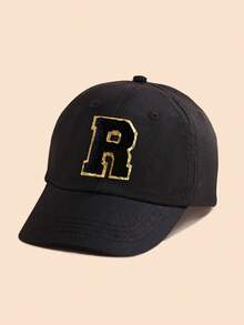 1 pieza Gorra de béisbol negra sólida con decoración de letras para niños/niñas de 1 a 5 años, gorra Snapback clásica para niños para el uso diario casual en primavera y verano - Negro - Ver 60