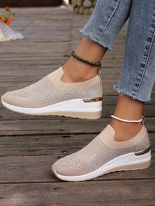 Women's Fashion Crystal Decor Knit Solid Color Lightweight Breathable Casual Sneakers, EU Plus Size Round Toe Simple Slip-On Anti-Skid Heightening Casual Walking Travel Shoes, Goes Well With Any Outfit, Multiple Color Options Including White, Blue, Khaki, Vibrant And Versatile - Khaki - View 1
