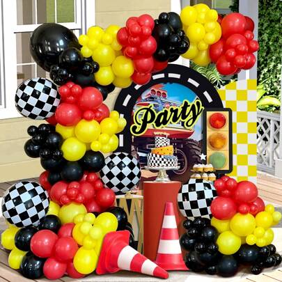 112pcs Racing Theme Balloon Arched Wreath Kit, Red, Black, Yellow Balloons With Black And White Checkered Foil Balloons For Racing Theme Birthday Party, Tailgate Party, Men's Bachelor Party Decoration