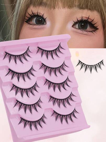 5Pairs Makeup False Eyelashes, Manga Lashes, Wispy Anime False Eyelashes Natural Look, Fluffy Spiky Eyelashes, Cartoon Lashes Strip Lashes,Lashes,Eyelashes,Fake Lashes