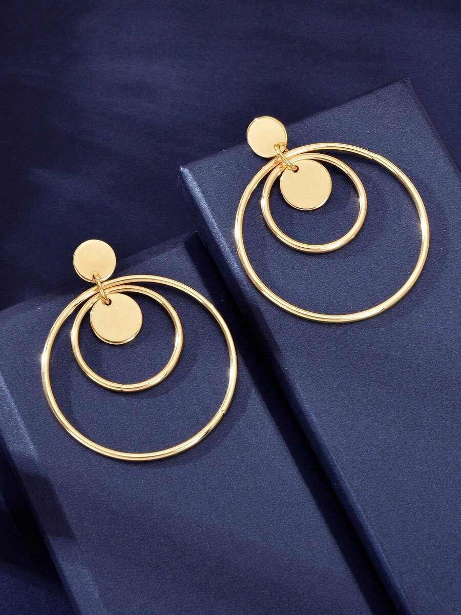 2pcs Gold Circle Geometric Pendant Earrings, Suitable For Everyday Wear - Yellow Gold - View 1