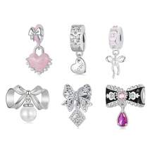 1 PC 925 Sterling Silver Pink Sweet Bow Charm Safety Pendant Beads Fit Girl Women Original Bracelet Necklace DIY Making Valentine Gift - Silver - View 9