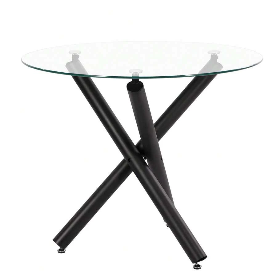 Jooli H Round Dining Table, 90cm Glass Table Top With Black Stylish Stable Table Legs, Kitchen Table