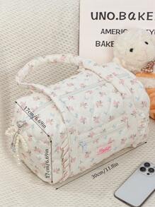 1Pc Floral And Bow Knot With Ruffles Duffel Bag ,Handbag ,Girls Travel Bag ,Girls Weekend Bag ,Women Shoulder Bag,Yoga Bag ,Sports Bag,Girls Weekend Bag ,Girl Duffel Bag ,Girls Luggage Bag Quilted Zipper Handbag Suitable For Ladies And Girls, Gift For Valentines Gift ,New Year Gift Bag For School School Accessories School Stuff