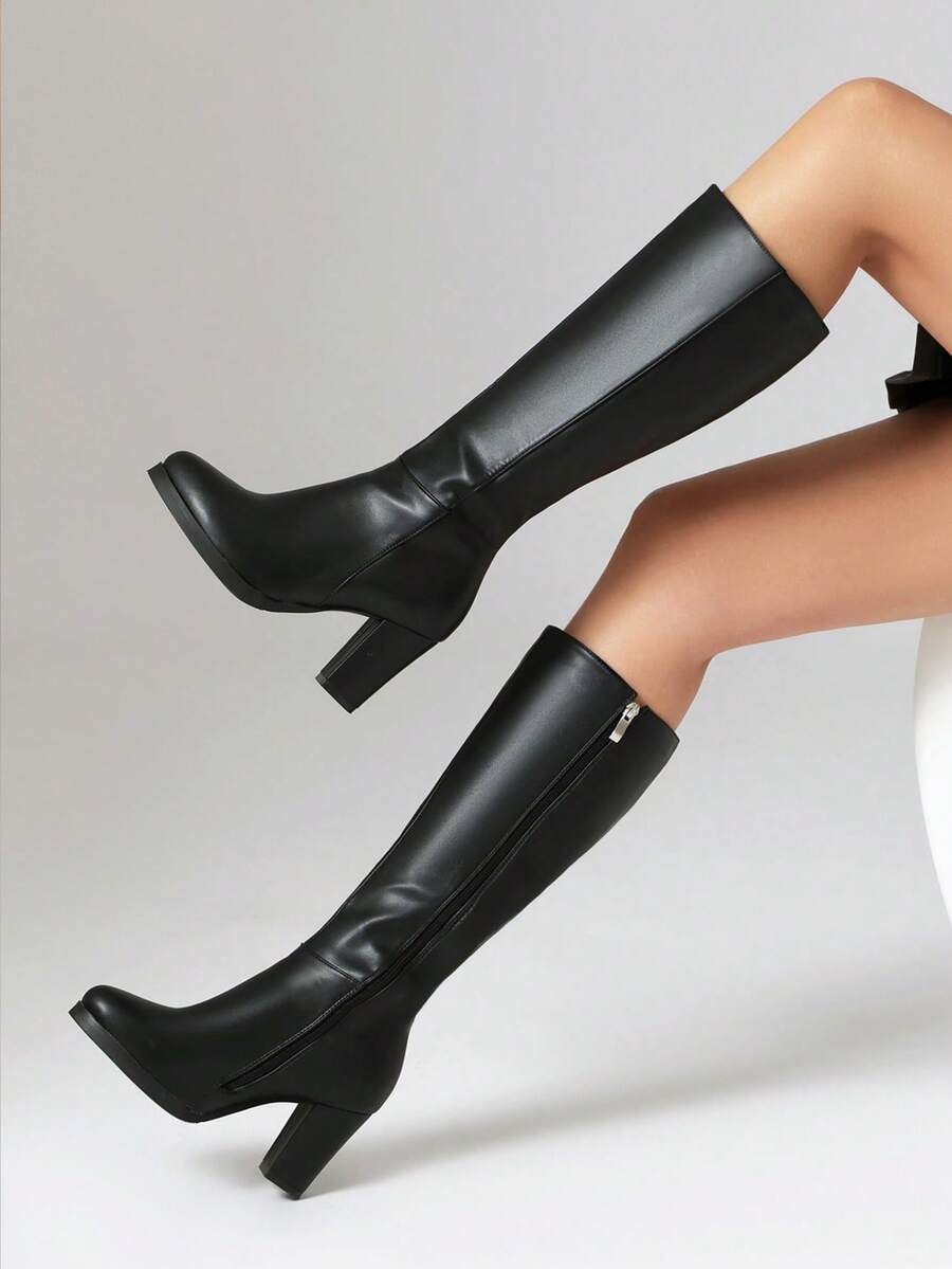 Women's Round Toe Knee-High Boots, Thick Heel, Versatile Casual Wear, Solid Color Retro Style, Suitable For All Seasons - Hitam - View 1