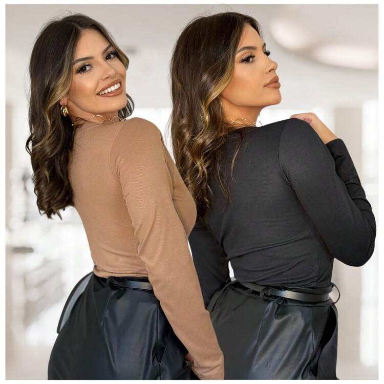 Kit 2 Blusa Feminina Manga Longa Frio Gola V Inverno Ribana Canelada - PRETO/BEGE - Visão 3