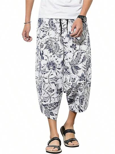 すててこ メンズ サルエルパンツ ズボン アラジンパンツ クロップドパンツ ワイドパンツ 総柄プリント 亜麻 男  おしゃれ ステテコ ゆったり カジュアル 7分丈 ユニセックス