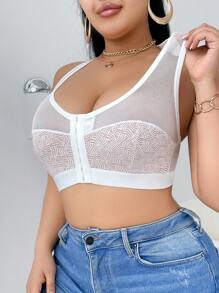 Plus Size Front Closure Comfortable Wireless Mesh Patchwork Camisole