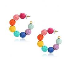 Pendientes de aro de rafia de colores, pendientes tejidos de estilo bohemio hechos a mano, accesorios para vacaciones de verano