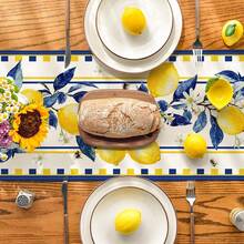 Taplak Meja Musim Panas Motif Pohon Lemon & Lebah, Dekorasi Meja Dapur dan Ruang Makan Musiman untuk Pesta di Rumah dan Dalam Ruangan - Biru - View 3