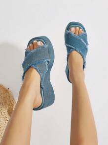Soft Pale Blue Washed Denim Peep Toe Cross Strap Chunky Platforms, Premium Soft Leather Insole, Slip Resistant Sole, Comfort Fit Thick Sole Wedge Sandals, Versatile Classic Fashion