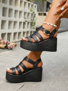 Sandálias de Plataforma com Cunha Romana de Plus Size para Mulheres, Cor Sólida com Fivela de Metal, Tecido Macio e Respirável, Adequado para Uso Diário, Reuniões, Casual com Calças ou Saias, Moda e Conforto, Essencial para o Guarda-roupa