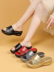 Sandálias de Plataforma Grossa com Laço de Lantejoulas de Moda de Verão, Estilo Euro-Americano, Leves e Confortáveis, para Mulheres