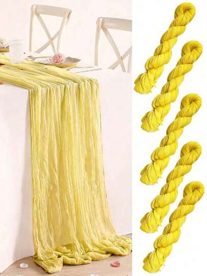 1/5pcs Polyester Yellow Gauze Pleated Design Table Runner,For Festive Graduation Birthday Party Decorations Wedding Accessories Holiday Home Party Room Table Decoration,Babyshower Bridal Shower Decor Table Cloth,Banquets Party Table Flag,Cheesecloth Table Runner,Wedding Decor