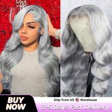Peluca de cabello humano brasileño gris plateado de 13x6 con encaje transparente HD de frente pre-aclarada, de 28 a 32 pulgadas, con una densidad del 180% y ondas corporales, para mujeres - Color gris - Ver 2