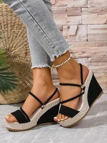 Sandalias de plataforma con cuña de tacón grueso, cómodas y versátiles, de unicolor y con correa, para mujer, ideales para el verano - Negro - View 1