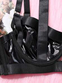 3件套女士性感红色网纱透明吊袜带和文胸套装